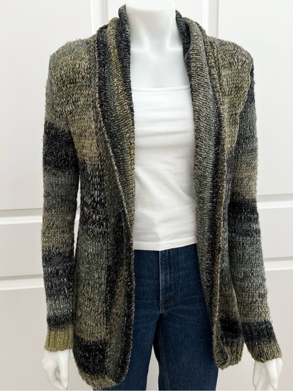 Yarn Knit Multicolor Fall Shawl Collar Open Front Wool Blend Cardigan Sweater